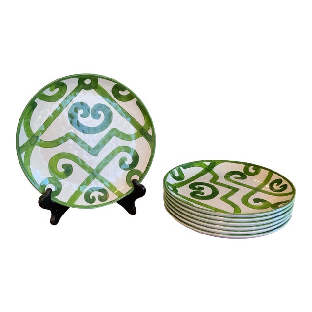 Chinoiserie Scroll Melamine Luncheon Plates W/ Green Lattice Pattern – Set of 7 for Palm Beach Regency, British Colonial & Outdoor Entertaining. For Sale