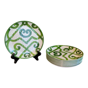 Chinoiserie Scroll Melamine Luncheon Plates W/ Green Lattice Pattern – Set of 7 for Palm Beach Regency, British Colonial & Outdoor Entertaining.