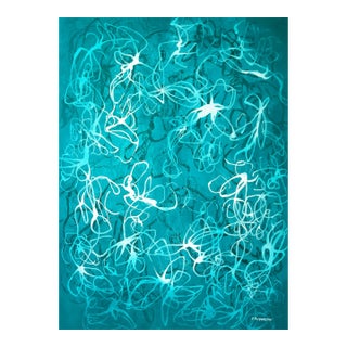 "Aqua Chiffon No.1 - Compressed Veil" - Teal Abstract Acrylic Painting on Paper by Sara Richardson For Sale