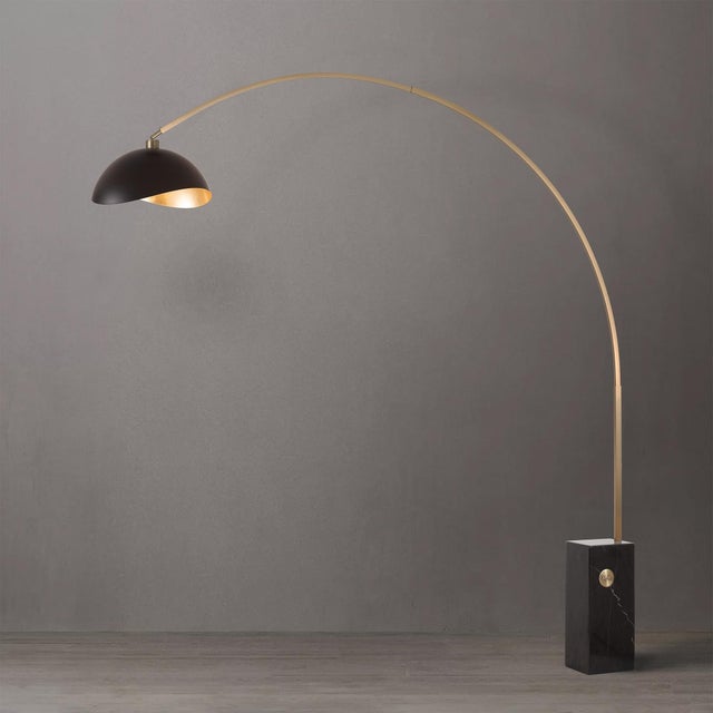 Mid-Century Modern Iconic 95" Arc Floor Lamp - Weathered Brass, Black Marble Base, Mid-Century Modern For Sale - Image 3 of 5