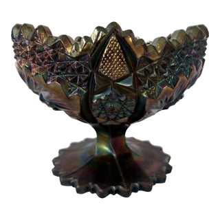 Vintage Fenton Amethyst Carnival Glass “Pinwheels” Pedestal Bowl With Sawtooth Rim For Sale