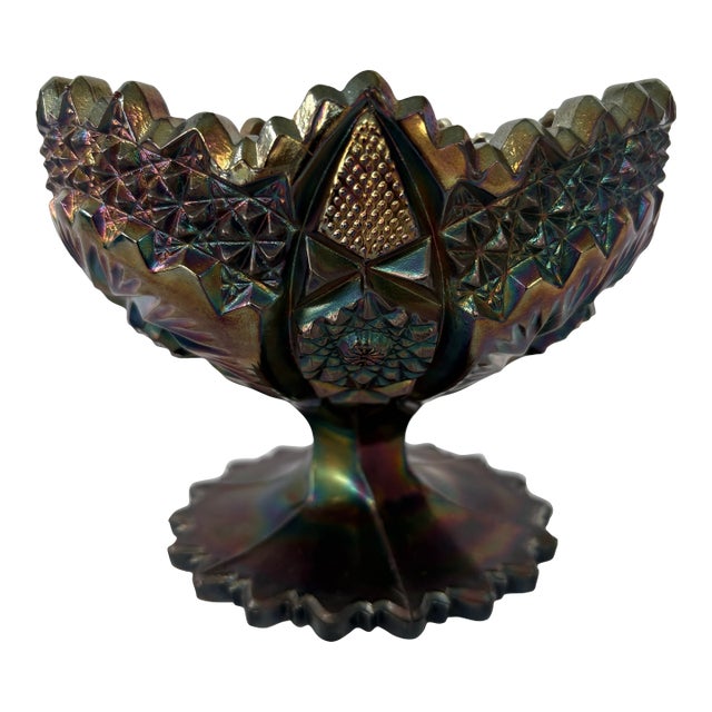 Vintage Fenton Amethyst Carnival Glass “Pinwheels” Pedestal Bowl With Sawtooth Rim For Sale