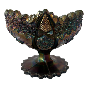 Vintage Fenton Amethyst Carnival Glass “Pinwheels” Pedestal Bowl With Sawtooth Rim