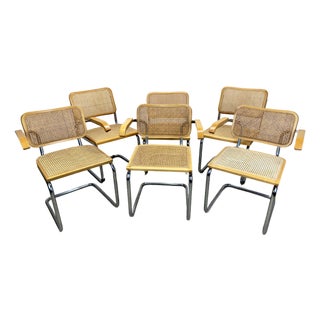 Vintage Set of 6 Marcel Breuer Cesca Style Cane & Tubular Chrome Chairs For Sale