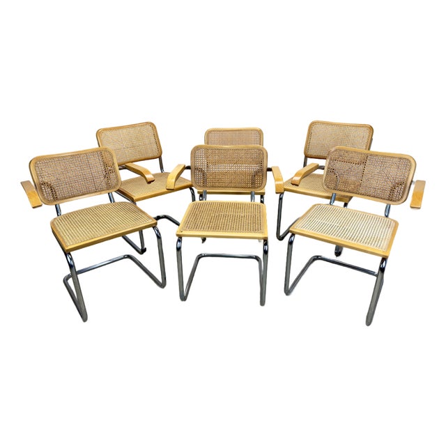 Vintage Set of 6 Marcel Breuer Cesca Style Cane & Tubular Chrome Chairs For Sale