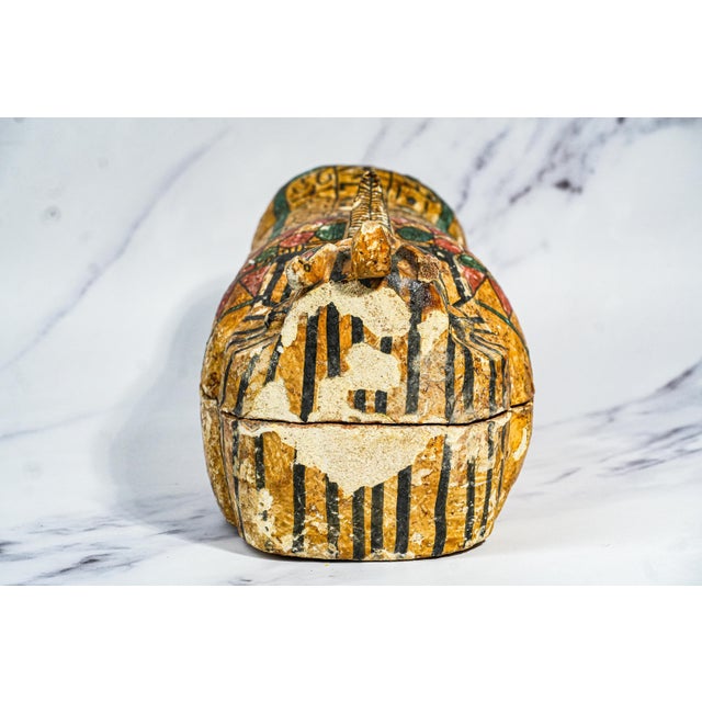 Colorful Vintage Egyptian Painted Wood Sarcophagus Box For Sale - Image 14 of 16