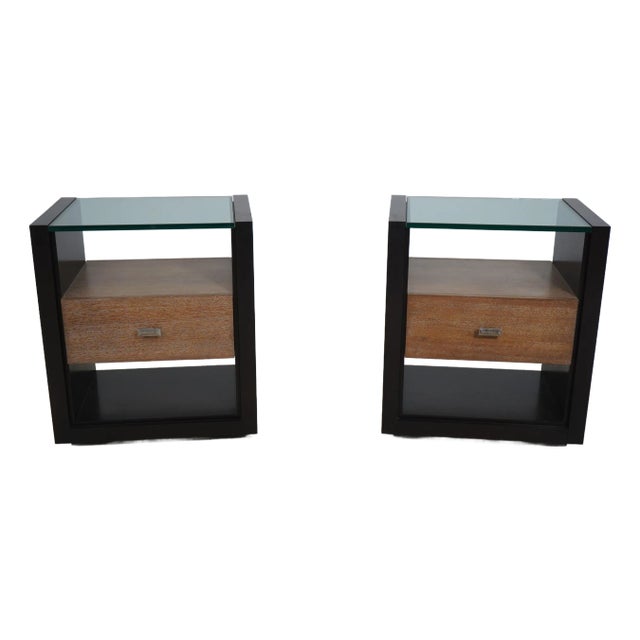 Pair Century Modern Design Large Glass Top Nightstands For Sale