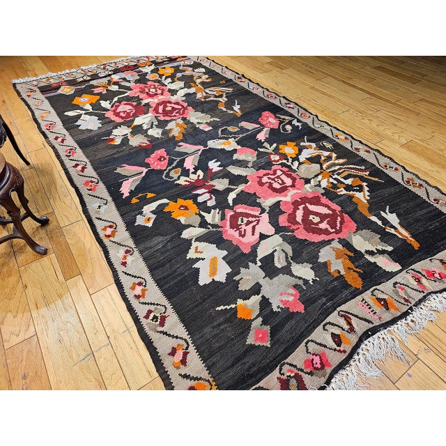 Vintage Caucasian Karabagh Kilim, Flat-Woven Wool, Allover Floral Pattern, Chocolate & Red, 7x13 For Sale In Chicago - Image 6 of 15