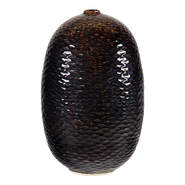 Artisan Large Honeycomb-Textured Ceramic Vase in Deep Brown and Black Glaze For Sale - Image 13 of 18