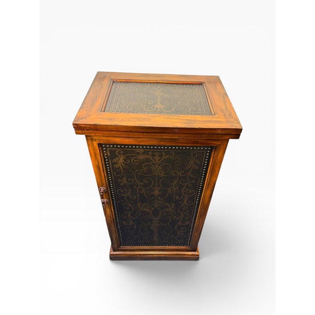 Brown Attributed Theodore Alexander Mahogany Rolling Bar Cabinet With Etched Brass Panels For Sale - Image 8 of 17