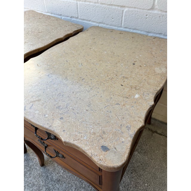 Brown Pair of Vintage French Provincial-Style Wood End Tables or Nightstands Featuring Scalloped Stone or Marble-Style Tops and Curved Cabriole Legs For Sale - Image 8 of 10