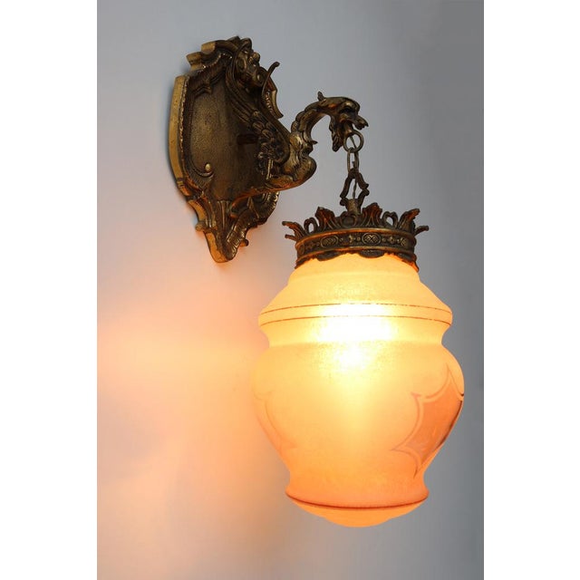 Antique Gothic Revival Bronze Dragon or Griffin Wall Sconce with Pink Glass Shade, Early 20th Century For Sale - Image 15 of 16