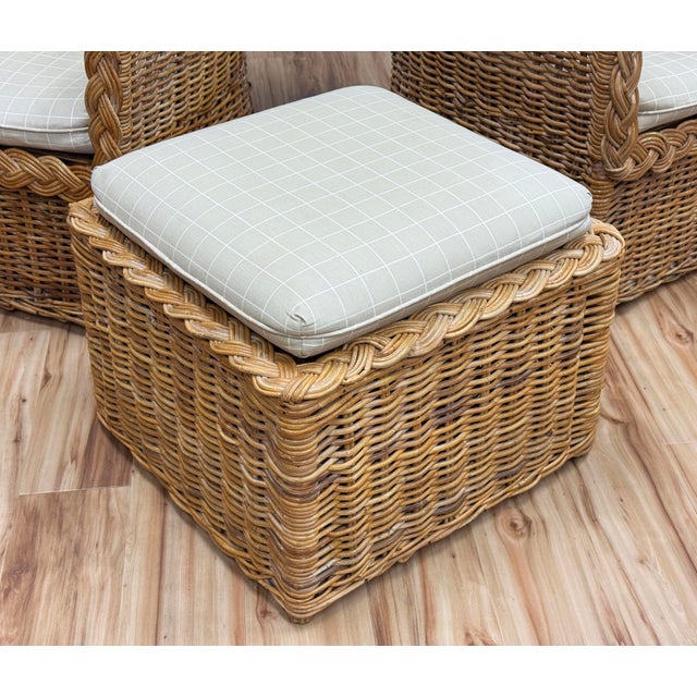 Vintage Braided Wicker Club Chair Pair With Ottoman For Sale - Image 10 of 16