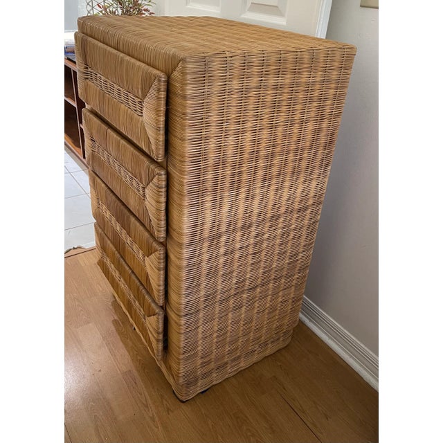 Vintage coastal safari style braided rattan 4 drawers chest. 39” highboy..