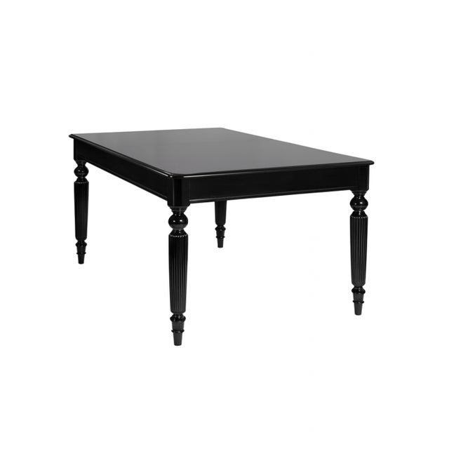 A superb black lacquer refinished dining table crafted from the early 20th Century, adorned with exquisite linear English...