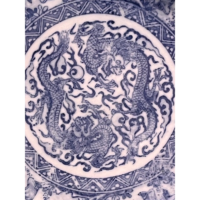 Ceramic Vintage Chinese Blue & White Porcelain Dragon Platter 12" Charger Plate Lions For Sale - Image 7 of 7