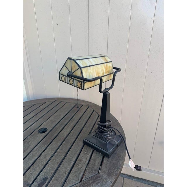 Vintage Tiffany-Style Stained Glass Banker Lamp | Arts & Crafts / Mission Style For Sale - Image 4 of 5