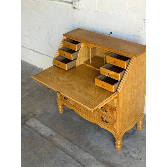 Oak Secretary Bureau With Drop-Front Desk and 9 Drawers Denmark Mid-Century Modern 1970s For Sale - Image 9 of 11