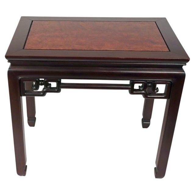 Chinese Padauk and Burl Panel Side Tables, Pair, Labeled j.l. George & Co., Hong Kong For Sale In Philadelphia - Image 6 of 14
