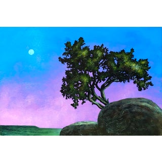 Pink Morning by Thane Gorek | Oil Painting of a tree on a rock under a pink sky with a moon For Sale