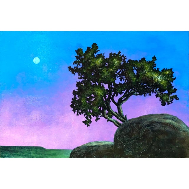 Pink Morning by Thane Gorek | Oil Painting of a tree on a rock under a pink sky with a moon For Sale