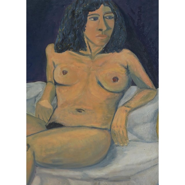 Wonderful Bay Area Figurative nude of woman with baskets and hat reclining on bed. By an anonymous bay area artist signed...