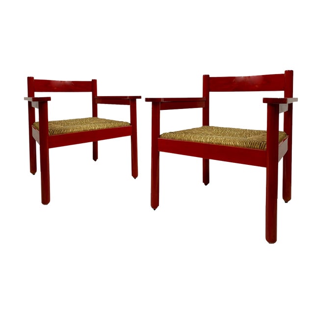 Set of Italian Red Armchairs with Rush Seats, 1960s For Sale