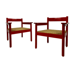 Set of Italian Red Armchairs with Rush Seats, 1960s