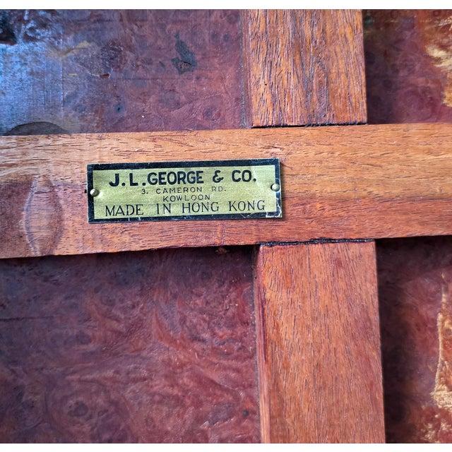 Chinese Padauk and Burl Panel Side Tables, Pair, Labeled j.l. George & Co., Hong Kong For Sale - Image 11 of 14