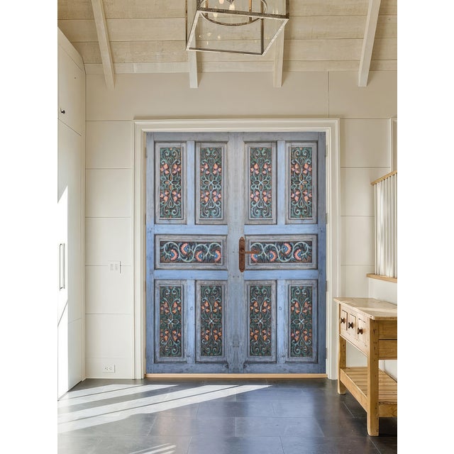 Blue Mediterranean Hand-Carved Door in Distressed Blue With Ornate Floral Panels Custom Size Interior/Exterior For Sale - Image 8 of 18