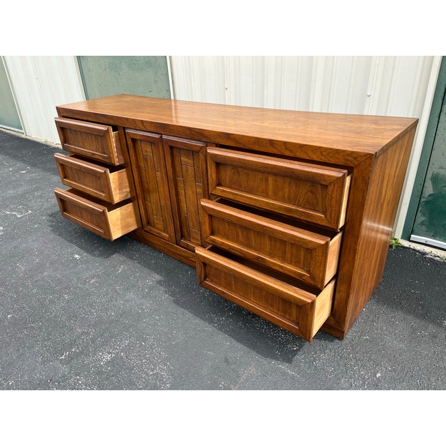 1960s Dixie 9-Drawer Brutalist Walnut Triple Long Dresser For Sale - Image 11 of 12