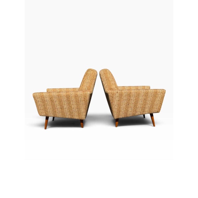 Pair of Danish Modern Lounge Chairs | Sculptural Flared Arms in Woven Tweed | Tapered Wood Legs | C. 1960s For Sale - Image 6 of 16