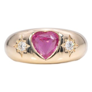 Pink Sapphire Ring With Natural Diamonds: Solid 14k Gold, Heart Shaped 7x6.8mm, Size 6.75 For Sale