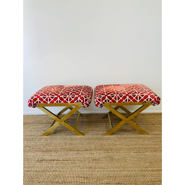 Vintage 1970s Pair of Brass X Base Stools original cut velvet upholstery in a geometric print reds & white colors brass X...