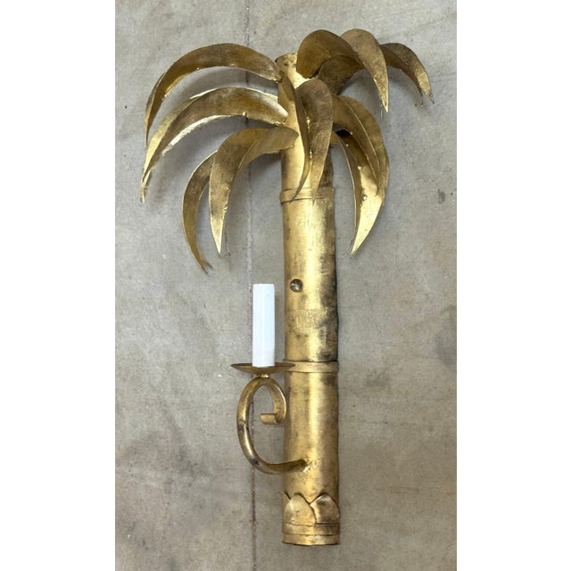 Metal Pair Jansen Style French Gilt Tôle Palm Tree Two-Light Wall Sconces, Circa 1960s For Sale - Image 7 of 11