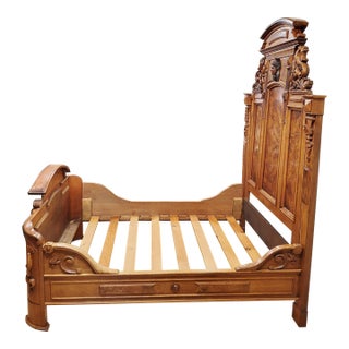 Antique American Victorian Renaissance Carved Walnut Bed by John Jelliff For Sale