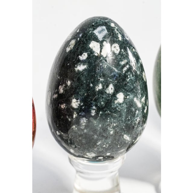 Collection Vintage Stone Specimen Egg 9 Polished Gemstone Eggs Display Stands Geological Mineral Display Cabinet of Curiosities Home Decor For Sale In New York - Image 6 of 18