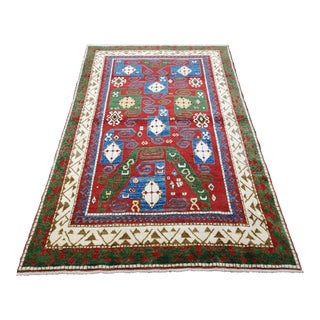 1990s Colorful Geometric Azerbaijan Hand-Knotted Wool Area Rug For Sale