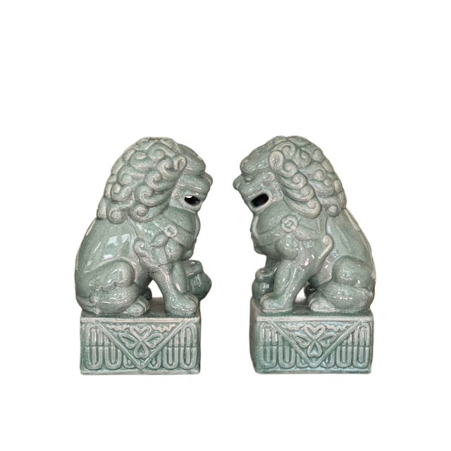 Celadon Small Pair Chinoiserie Celadon Green Foo Dogs For Sale - Image 8 of 11