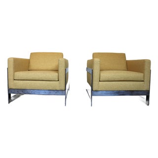 Mid-Century Pair of T-Back “Floating Cube” Lounge Chairs Milo Baughman Style — Circa 1970s For Sale