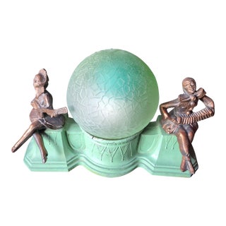 1930s Art Deco Figural Musician Boudoir Lamp With Green Crackle Glass Globe (Jg) For Sale