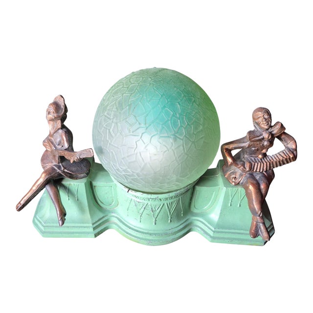 1930s Art Deco Figural Musician Boudoir Lamp With Green Crackle Glass Globe (Jg) For Sale