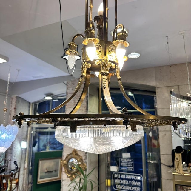 Art Nouveau Ceiling Lamp in Gilt Bronze and Frosted Crystal, France, 1930s For Sale - Image 11 of 18