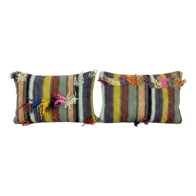 Tribal Wool Lumbar Rug Pillow Cover 16'' X 24'' - Set of Two For Sale