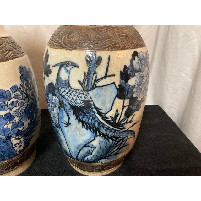 Chinese Antique 1800s Chinese Blue & White Vases W/Crackle Glaze - A Pair For Sale - Image 3 of 12