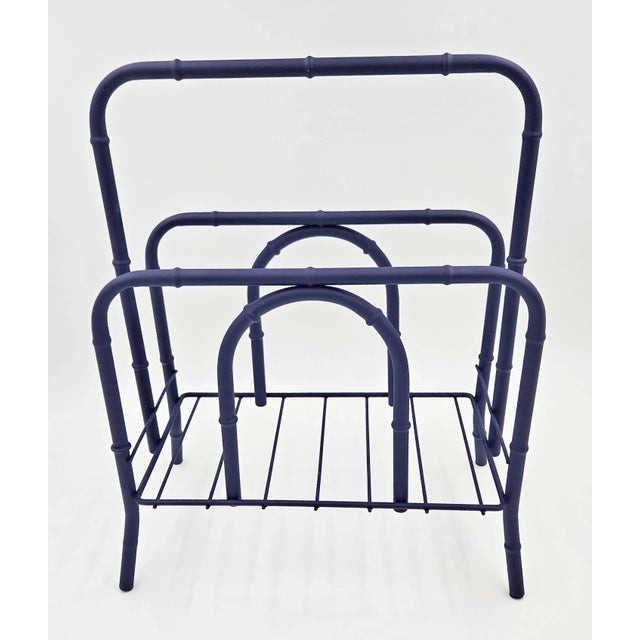 Navy Blue Faux Bois Bamboo Magazine Rack 1950s | Chairish