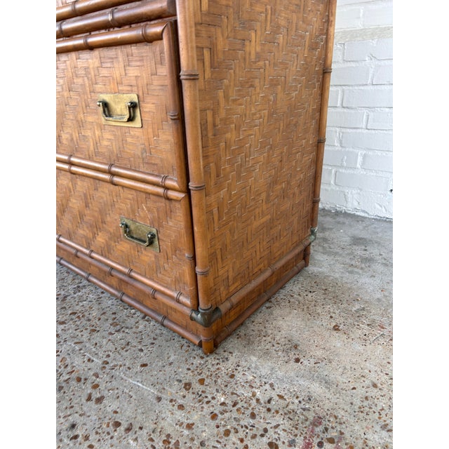 Wood Vintage 1980s Chinoiserie Faux Bamboo and Parquetry Campaign Gentleman's Dresser For Sale - Image 7 of 15