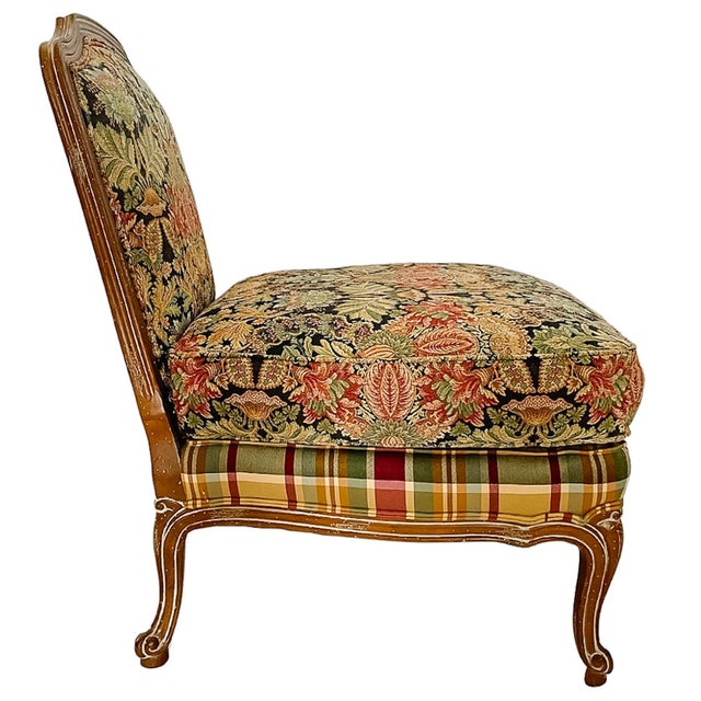 Late 20th Century Late 20th Century Louis XV Style Oversized Tapestry & Plaid Slipper Chairs by Wesley Hall - A Pair For Sale - Image 5 of 11