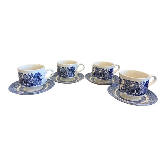 Vintage Churchill England Blue & White Transferware Cups and Saucers – Set of 4 For Sale