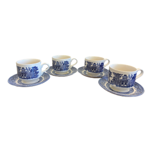 Vintage Churchill England Blue & White Transferware Cups and Saucers – Set of 4